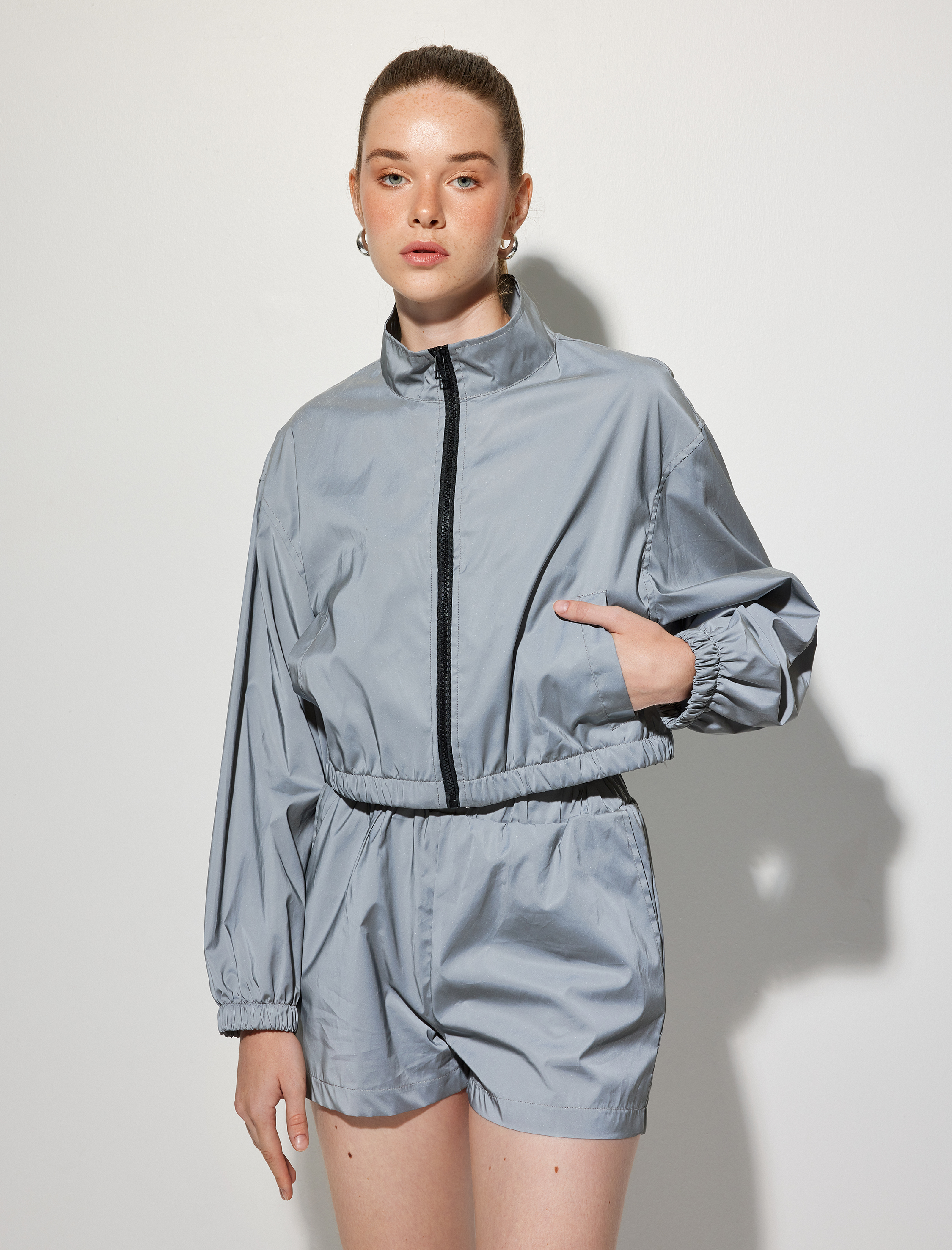   Metalik Spor Ceket Rahat Kesim Fermuarlı Cep Detaylı