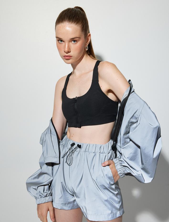  Metalik Spor Ceket Rahat Kesim Fermuarlı Cep Detaylı