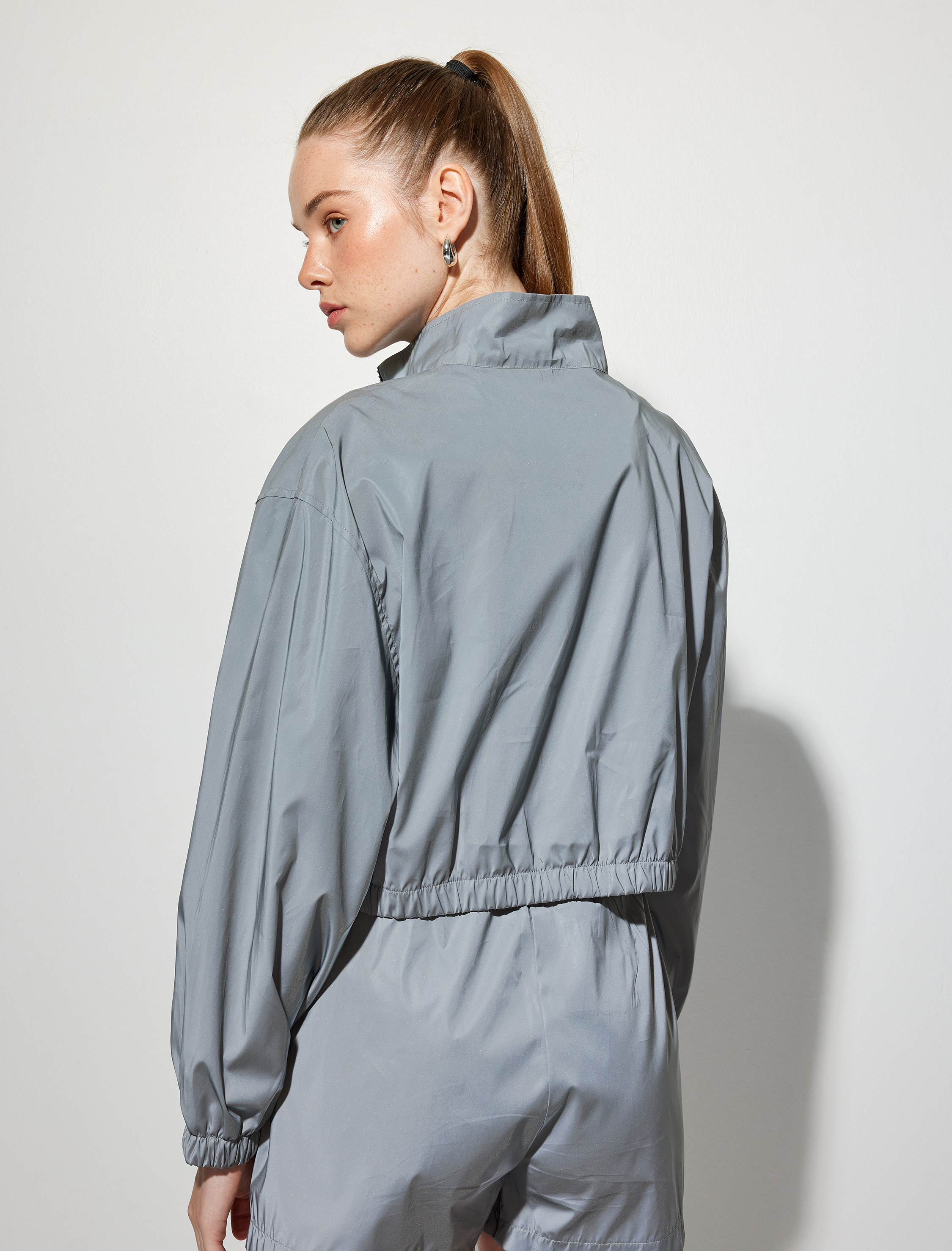   Metalik Spor Ceket Rahat Kesim Fermuarlı Cep Detaylı