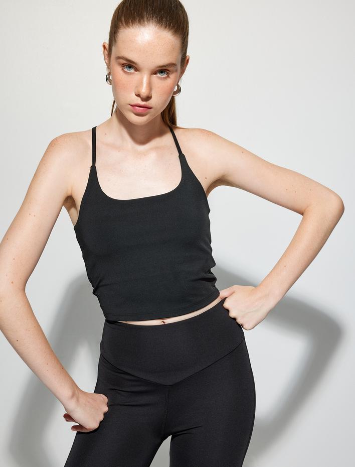  Crop Sporcu Atleti İp Askılı Sırt Detaylı Slim Fit İnterlok