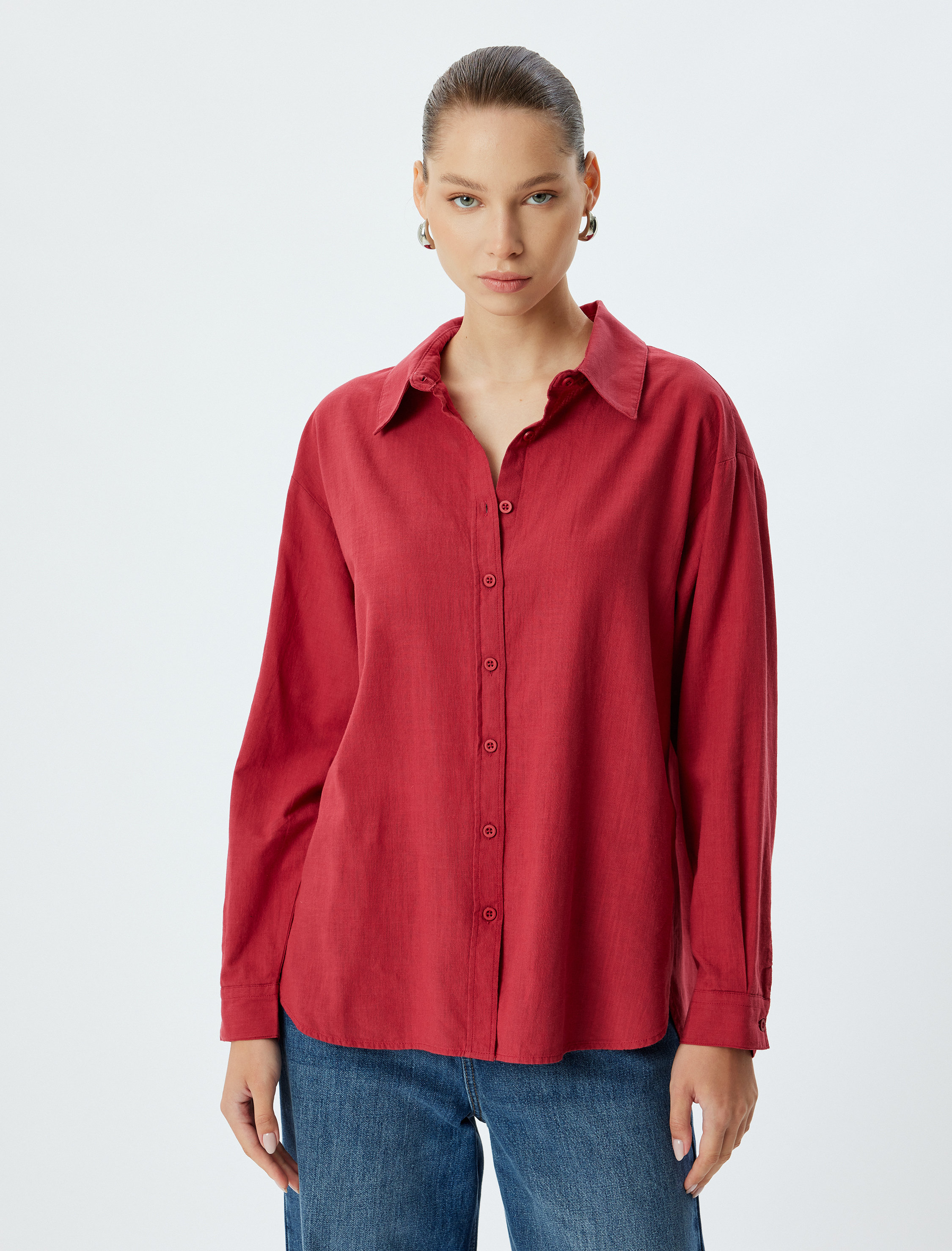 Uzun Kollu Gömlek Düğmeli Klasik Yaka Pamuklu