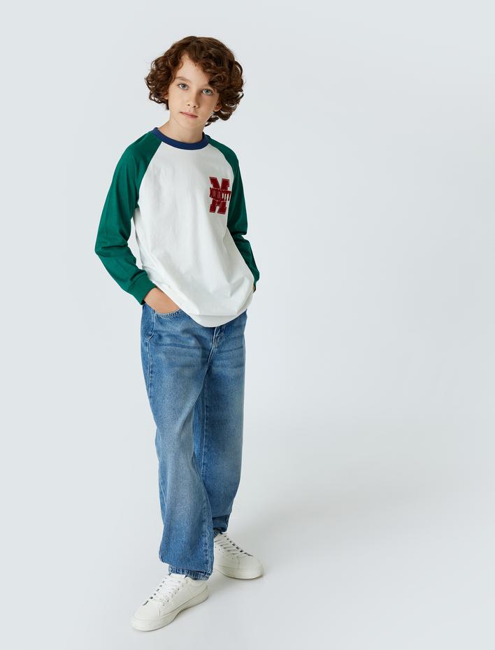 Erkek Çocuk Tişört Kolej Baskılı Uzun Kollu Bisiklet Yaka Pamuklu