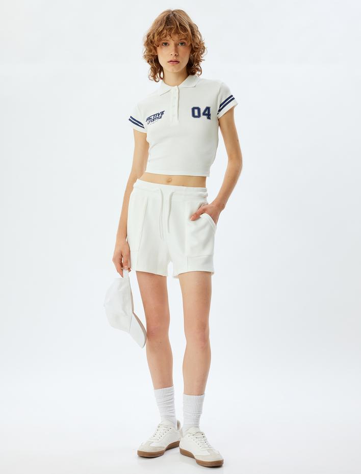  Polo Yaka Crop Tişört Baskılı Kısa Kollu Düğmeli