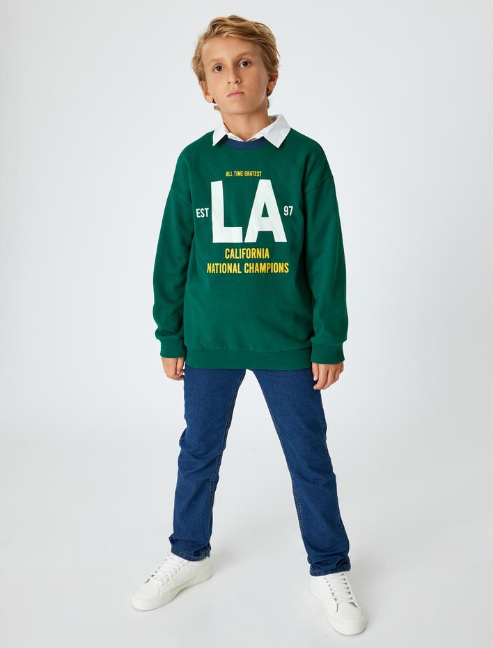 Erkek Çocuk Oversize Sweatshirt Kolej Baskılı Bisiklet Yaka Pamuklu Şardonlu