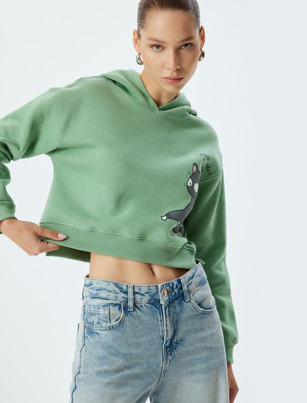 Crop Oversize Sweatshirt Kapüşonlu Kedi Baskılı Şardonlu_1