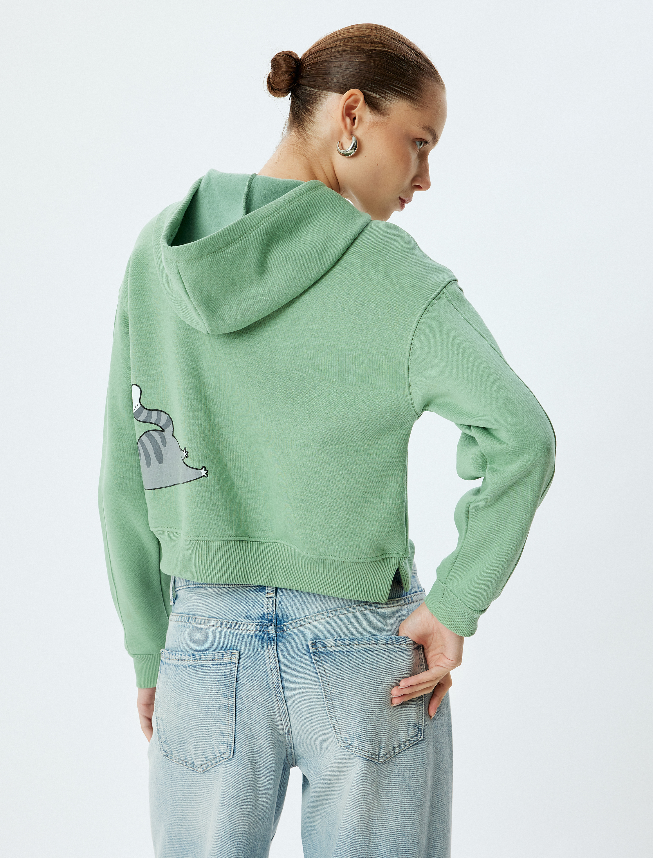 Crop Oversize Sweatshirt Kapüşonlu Kedi Baskılı Şardonlu
