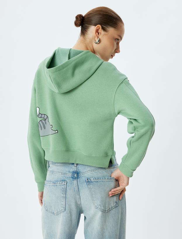 Crop Oversize Sweatshirt Kapüşonlu Kedi Baskılı Şardonlu_3