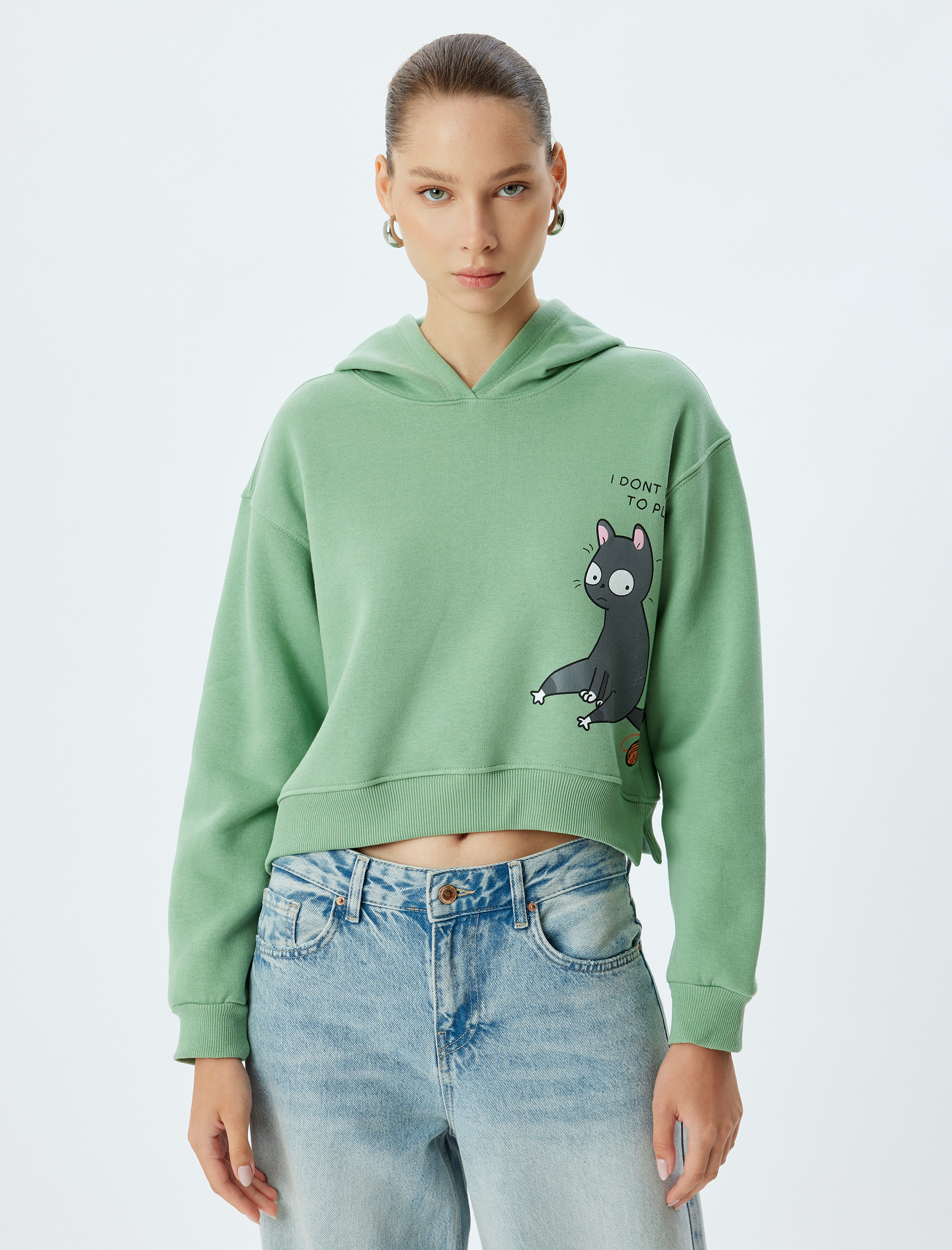 Crop Oversize Sweatshirt Kapüşonlu Kedi Baskılı Şardonlu