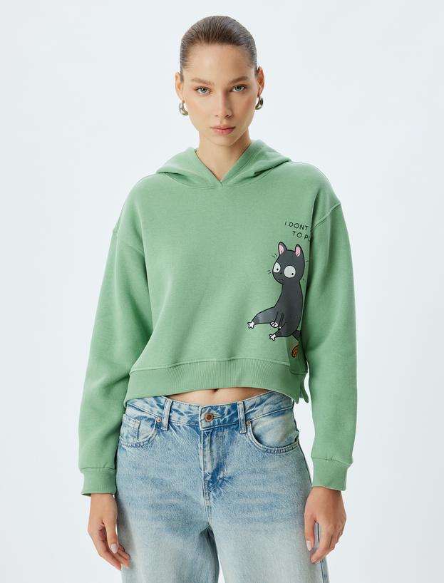 Crop Oversize Sweatshirt Kapüşonlu Kedi Baskılı Şardonlu_2