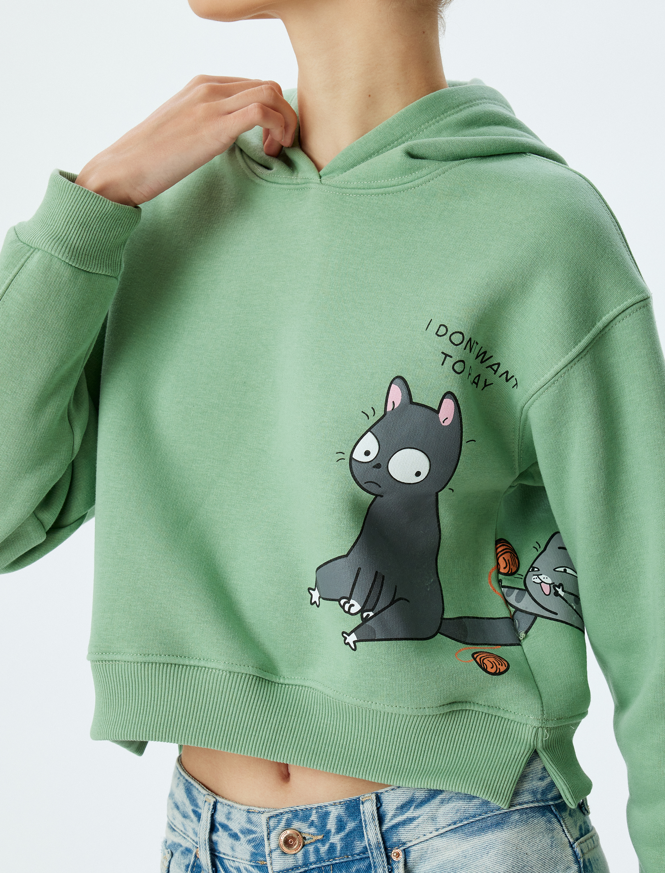 Crop Oversize Sweatshirt Kapüşonlu Kedi Baskılı Şardonlu