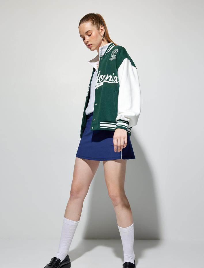  Şardonlu Kolej Ceket Oversize Bomber Yaka Baskılı Çıtçıt Düğmeli