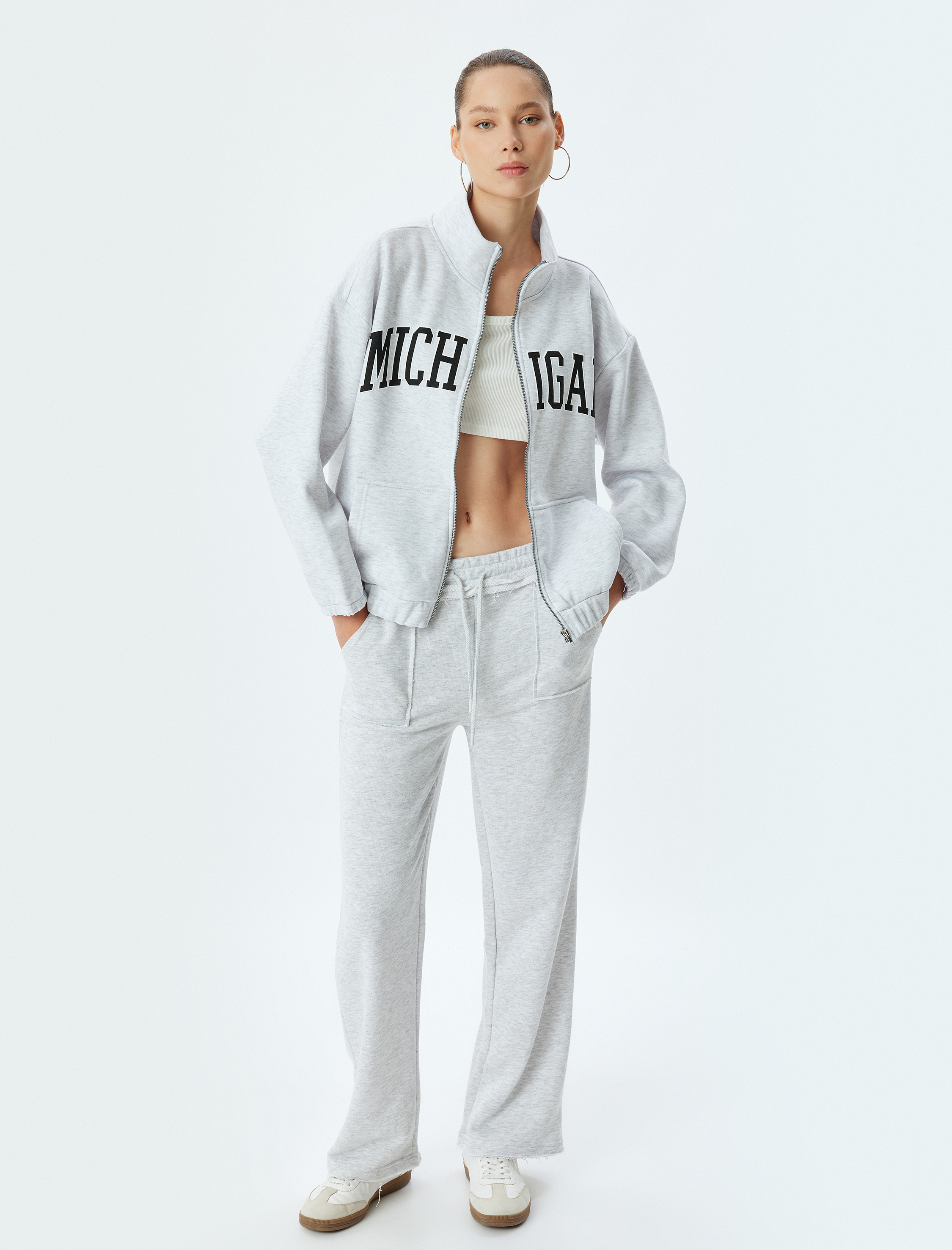   Şardonlu Oversize Fermuarlı Kolej Baskılı Dik Yaka Sweatshirt