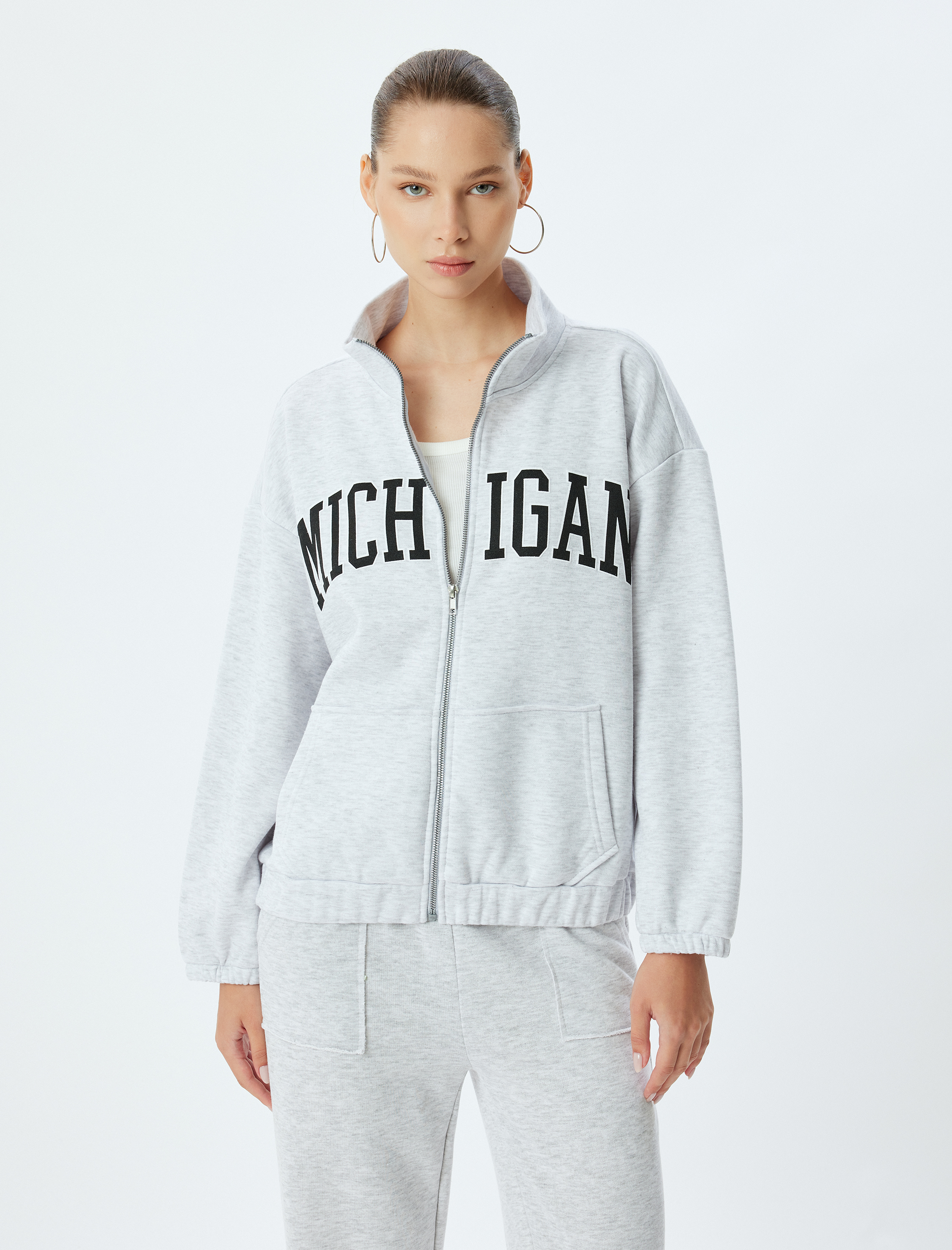   Şardonlu Oversize Fermuarlı Kolej Baskılı Dik Yaka Sweatshirt