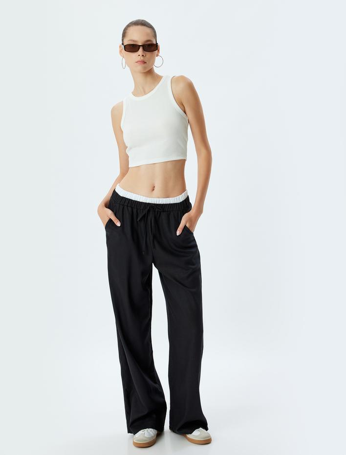  Geniş Paça Pantolon Keten Karışımlı Çift Bel Detaylı Bağcıklı Cepli