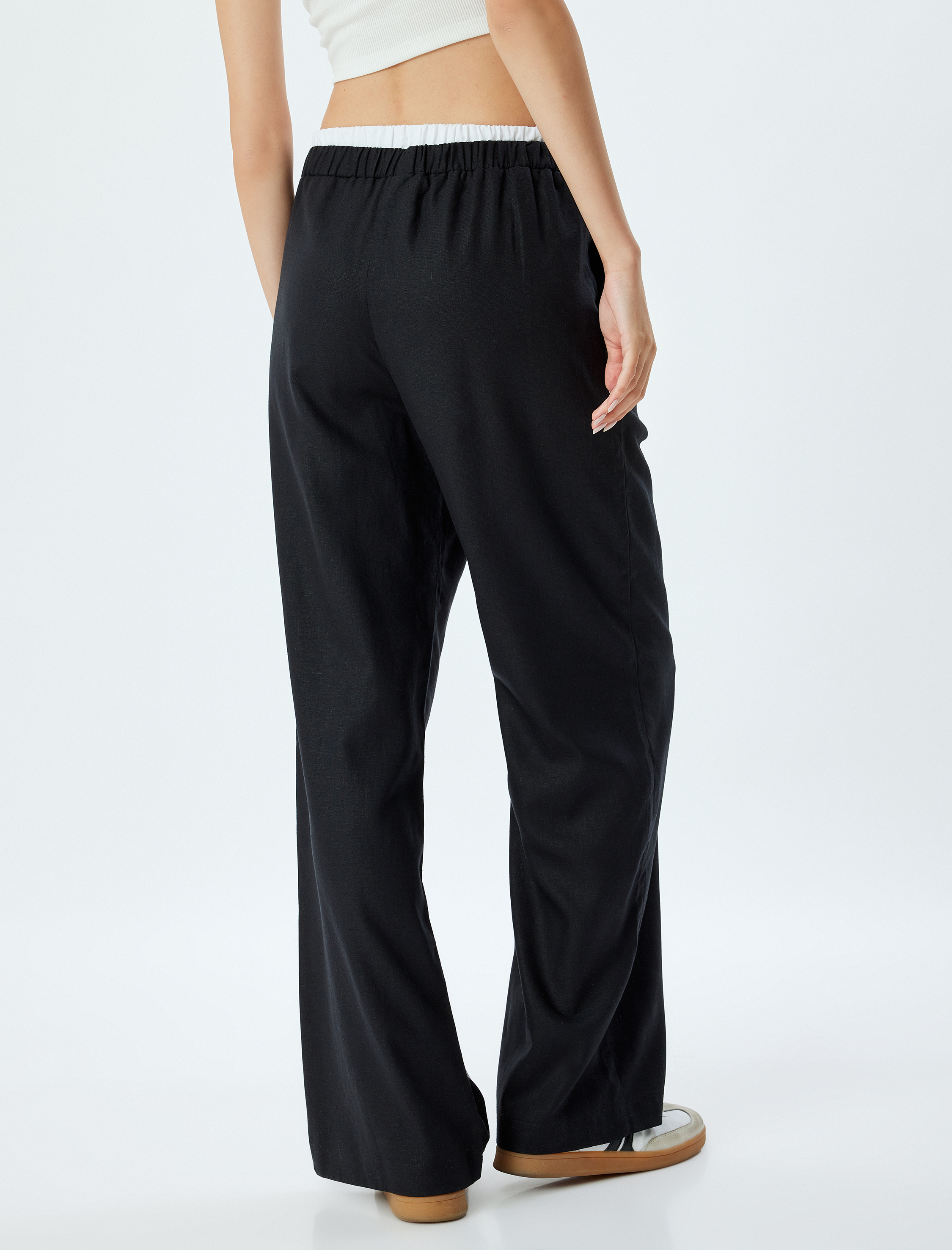   Geniş Paça Pantolon Keten Karışımlı Çift Bel Detaylı Bağcıklı Cepli