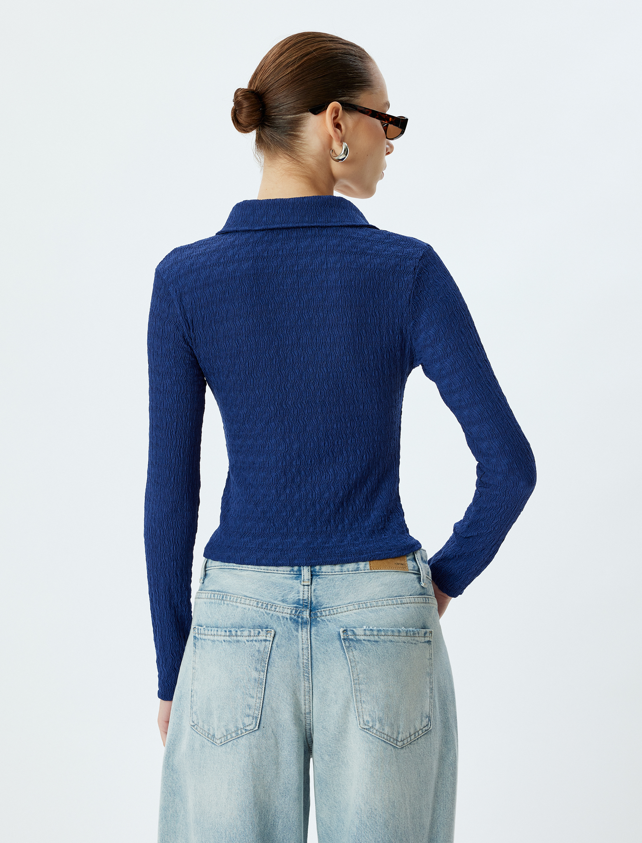   Dokulu Uzun Kollu Gömlek Yaka Düğmeli Slim Fit Tişört Bürümcük