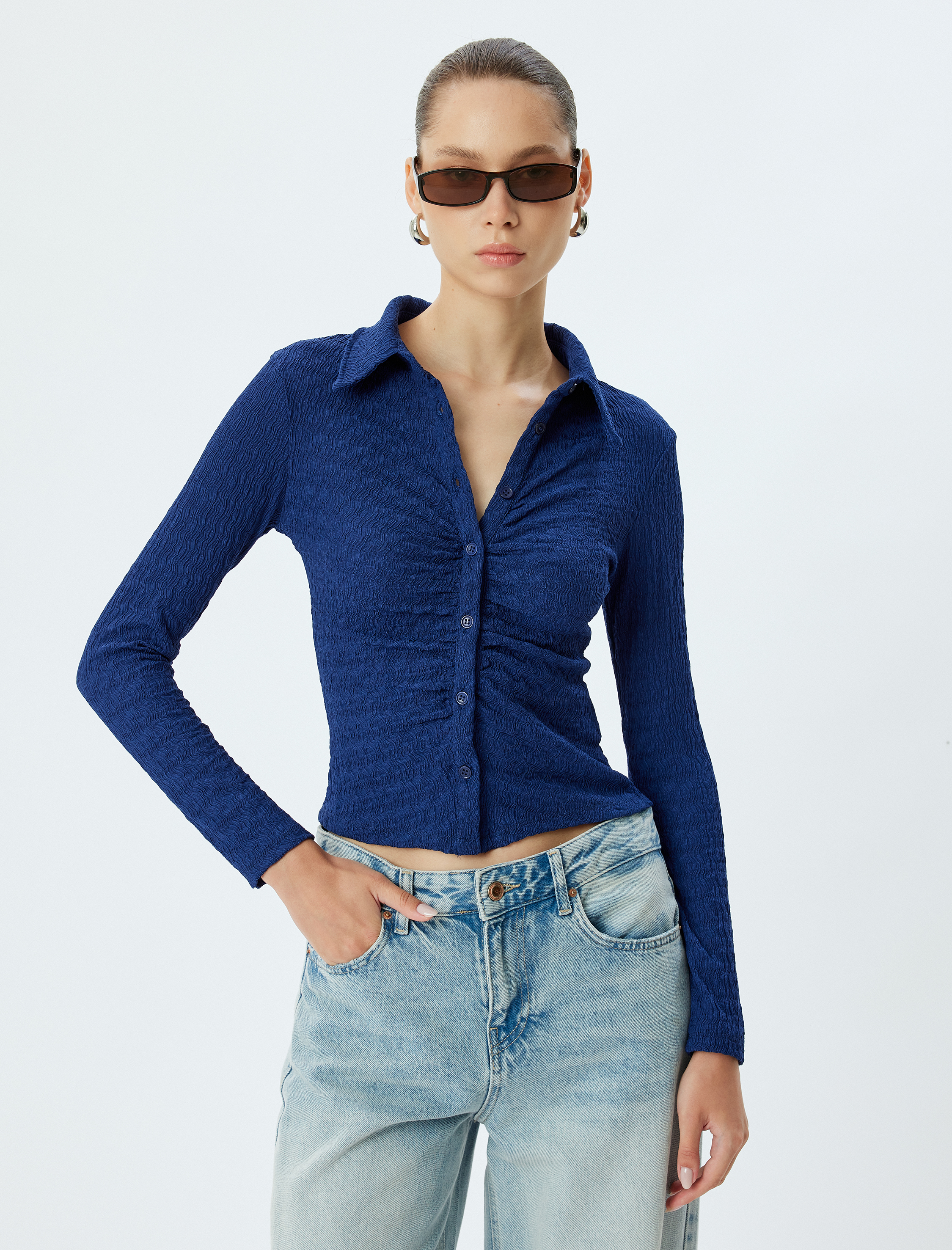   Dokulu Uzun Kollu Gömlek Yaka Düğmeli Slim Fit Tişört Bürümcük