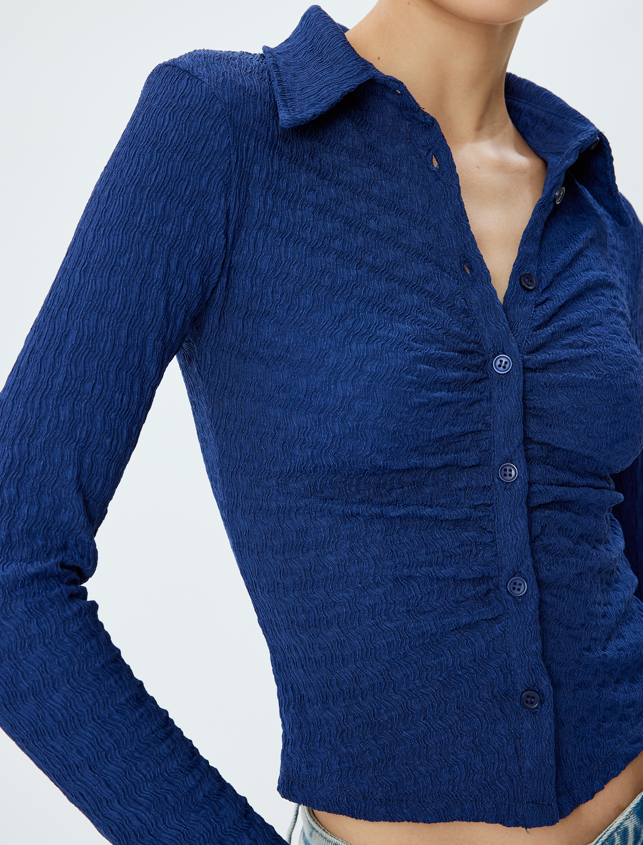   Dokulu Uzun Kollu Gömlek Yaka Düğmeli Slim Fit Tişört Bürümcük