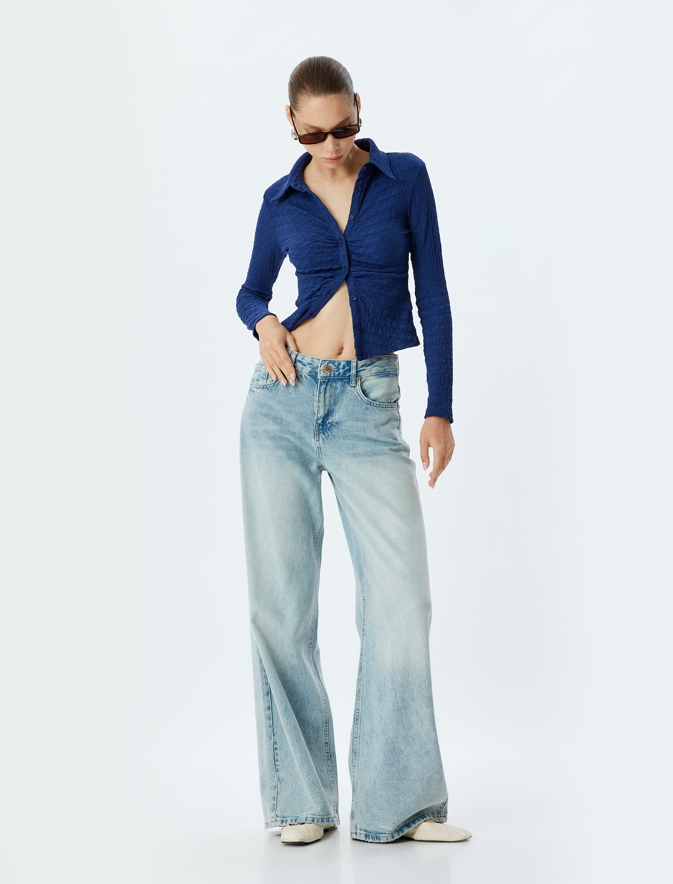   Dokulu Uzun Kollu Gömlek Yaka Düğmeli Slim Fit Tişört Bürümcük