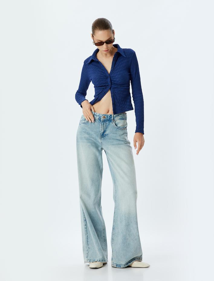  Dokulu Uzun Kollu Gömlek Yaka Düğmeli Slim Fit Tişört Bürümcük