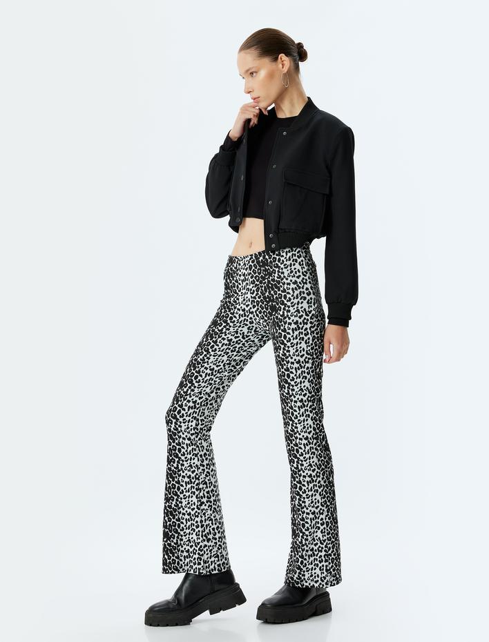  İspanyol Paça Tayt Pantolon Leopar Desenli Beli Lastikli Slim Fit