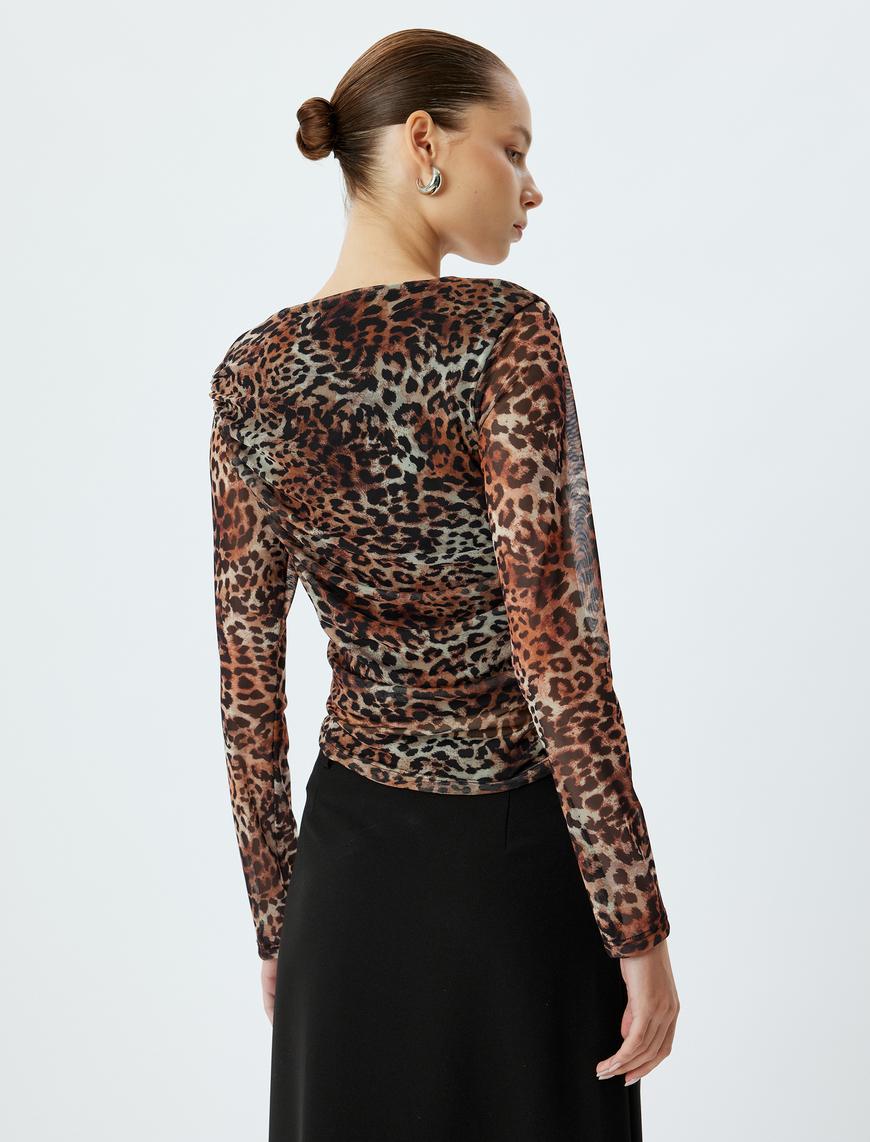   Tül Bluz Leopar Desenli Uzun Kollu Drapeli Slim Fit