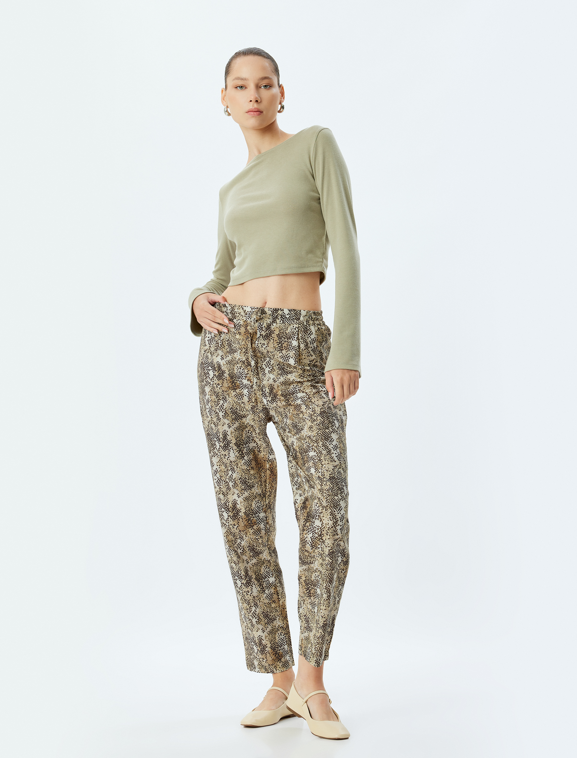   Viskon Yılan Derisi Görünümlü Carrot Pantolon Beli Bağcıklı