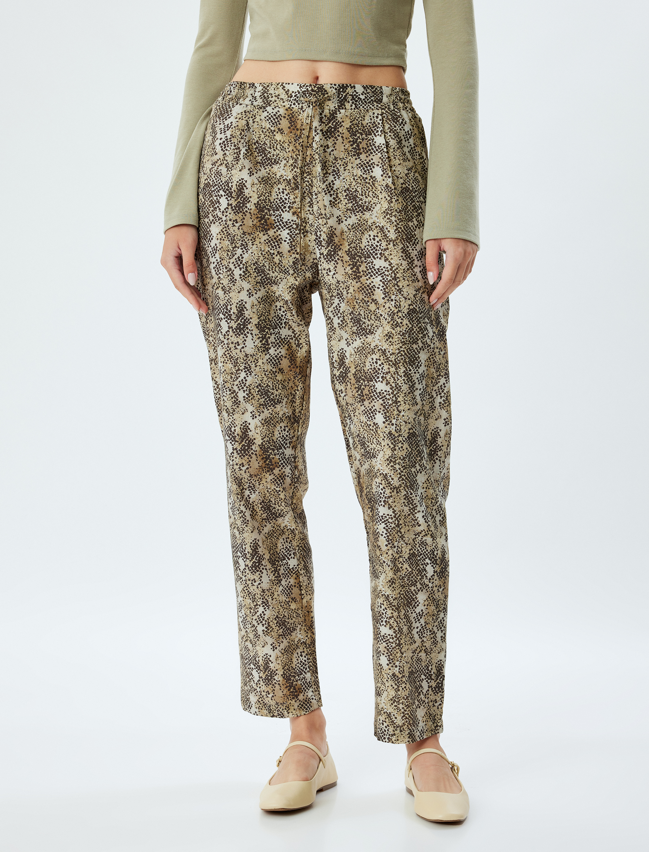   Viskon Yılan Derisi Görünümlü Carrot Pantolon Beli Bağcıklı