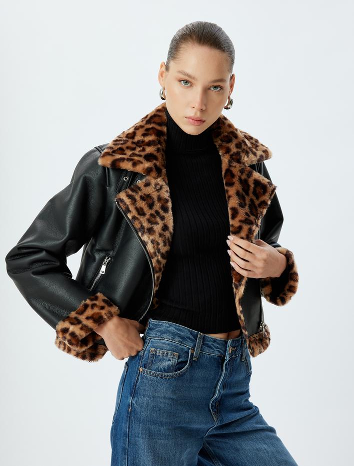  Deri Görünümlü Biker Ceket Crop Suni Leopar Kürk Yaka Fermuarlı Cep Detaylı