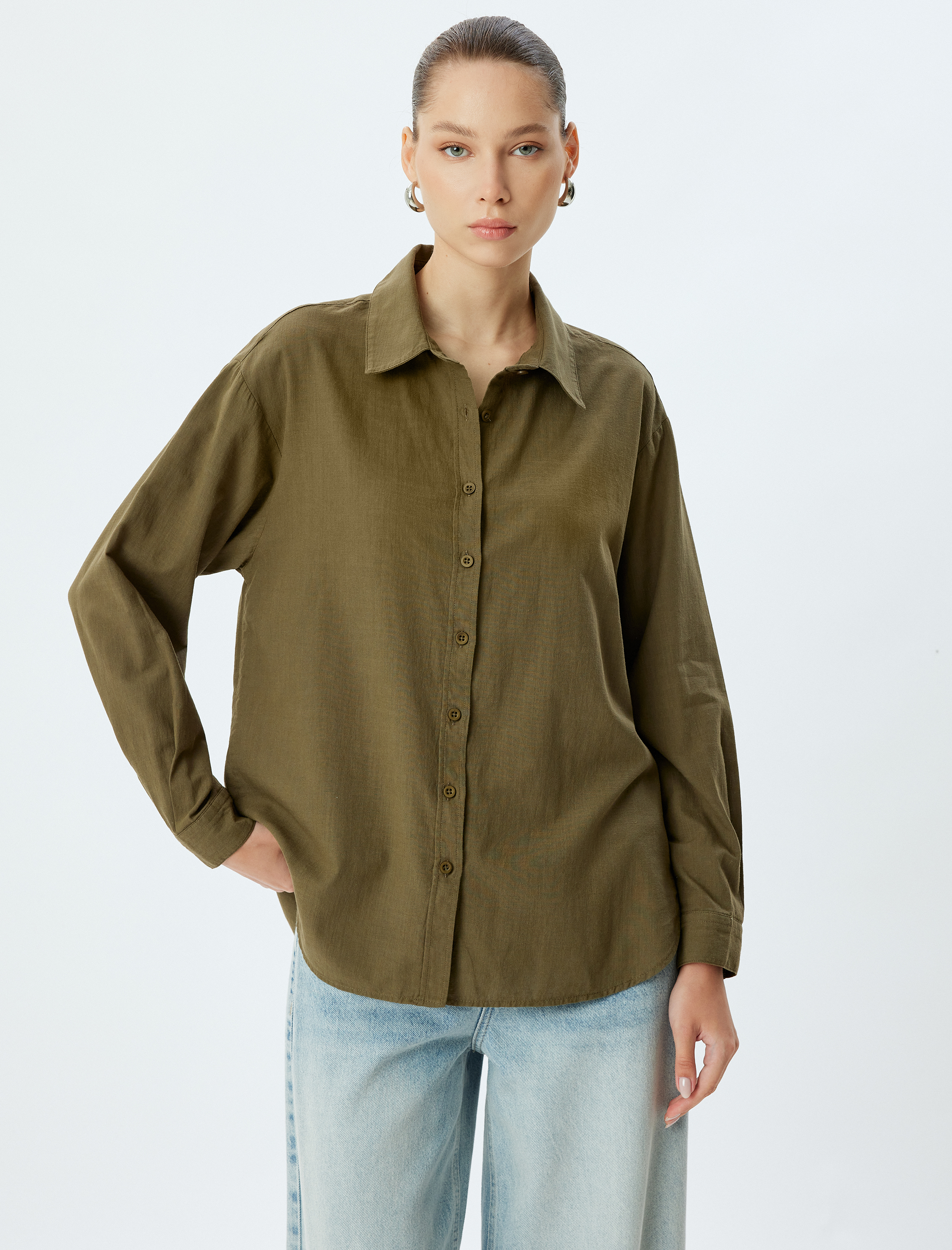 Uzun Kollu Gömlek Düğmeli Klasik Yaka Pamuklu