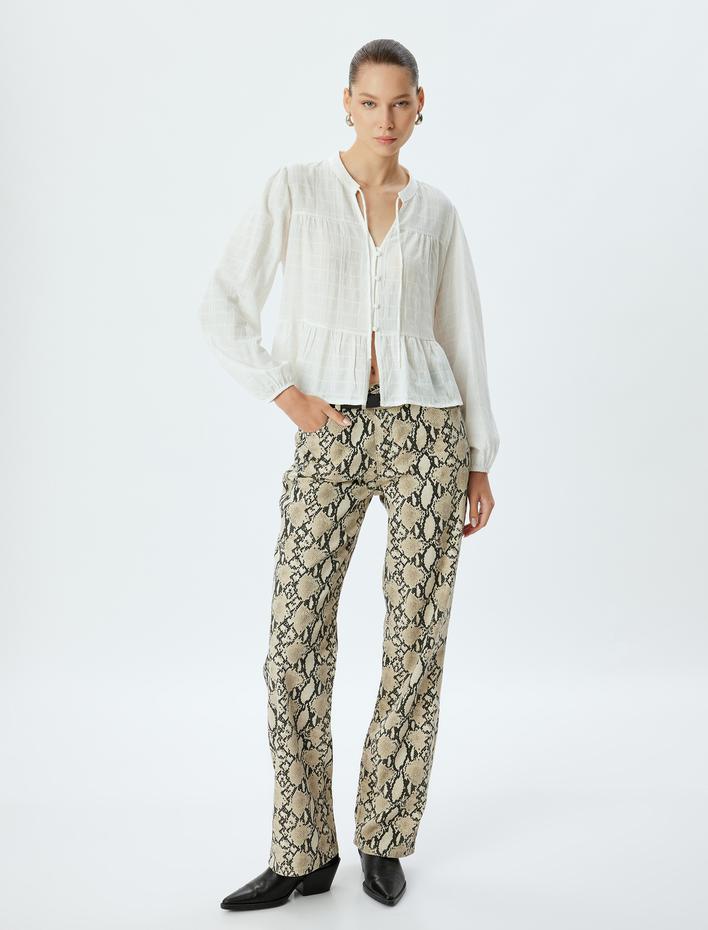  Yılan Derisi Görünümlü Düz Paça Düğmeli Pantolon - Straight Fit Jean