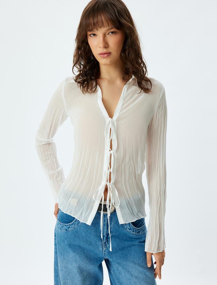  Transparan Şifon Gömlek Önden Bağcıklı Fiyonk Detaylı Uzun Kollu