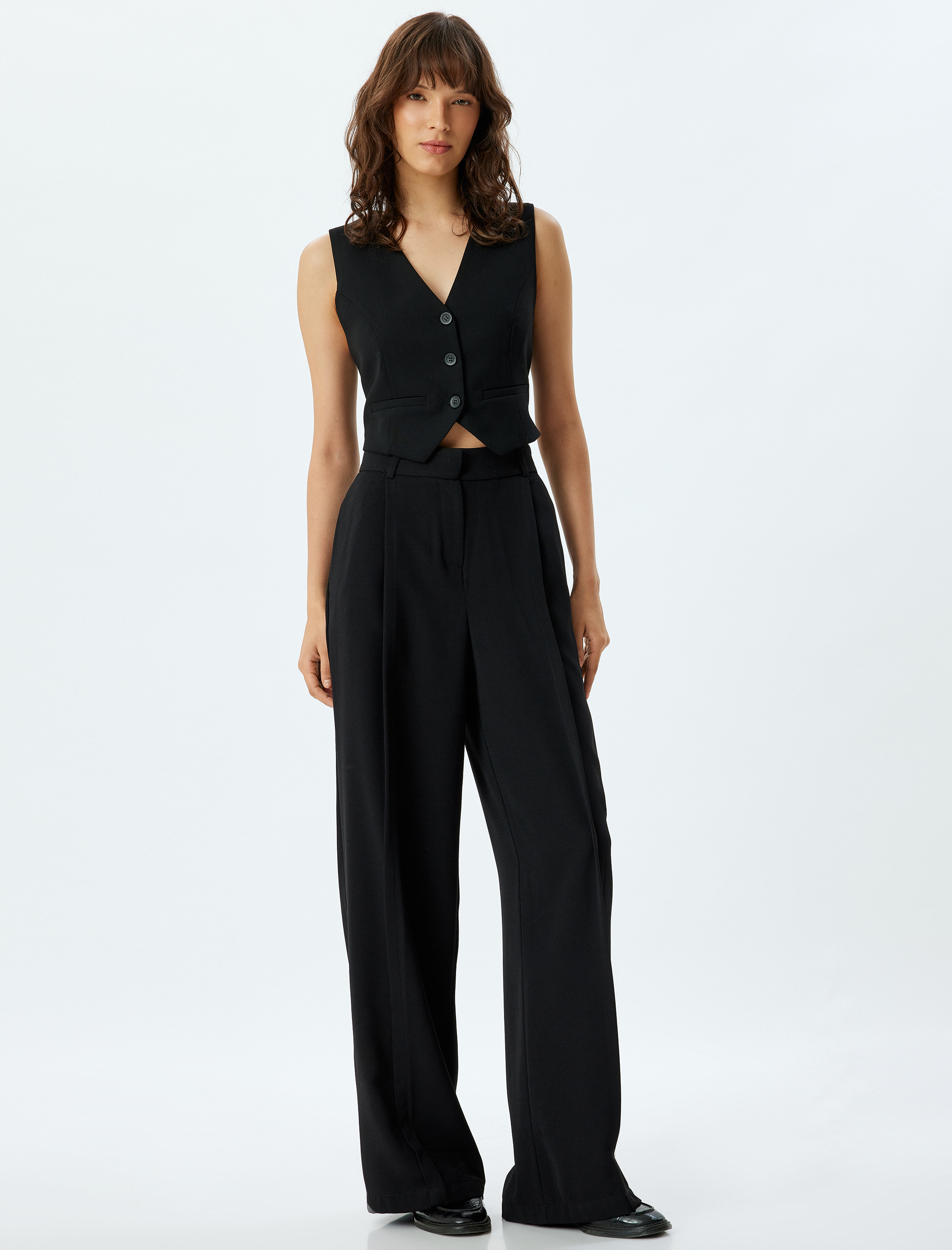   Yüksek Bel Cepli Pile Detaylı Krep Kumaş Palazzo Pantolon