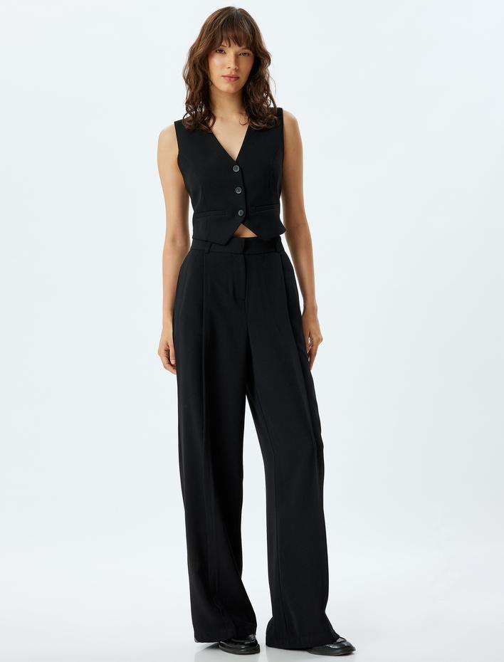  Yüksek Bel Cepli Pile Detaylı Krep Kumaş Palazzo Pantolon