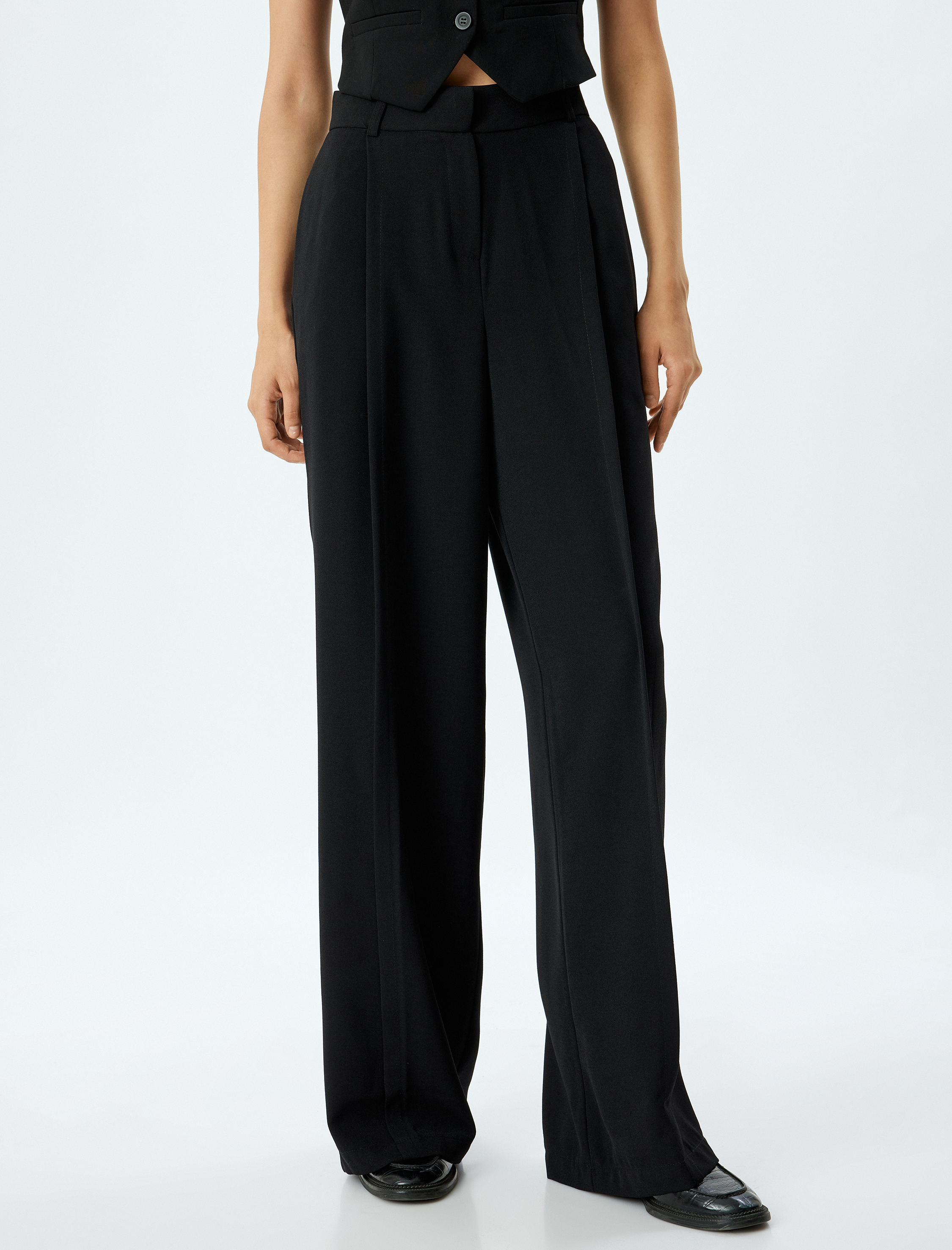   Yüksek Bel Cepli Pile Detaylı Krep Kumaş Palazzo Pantolon