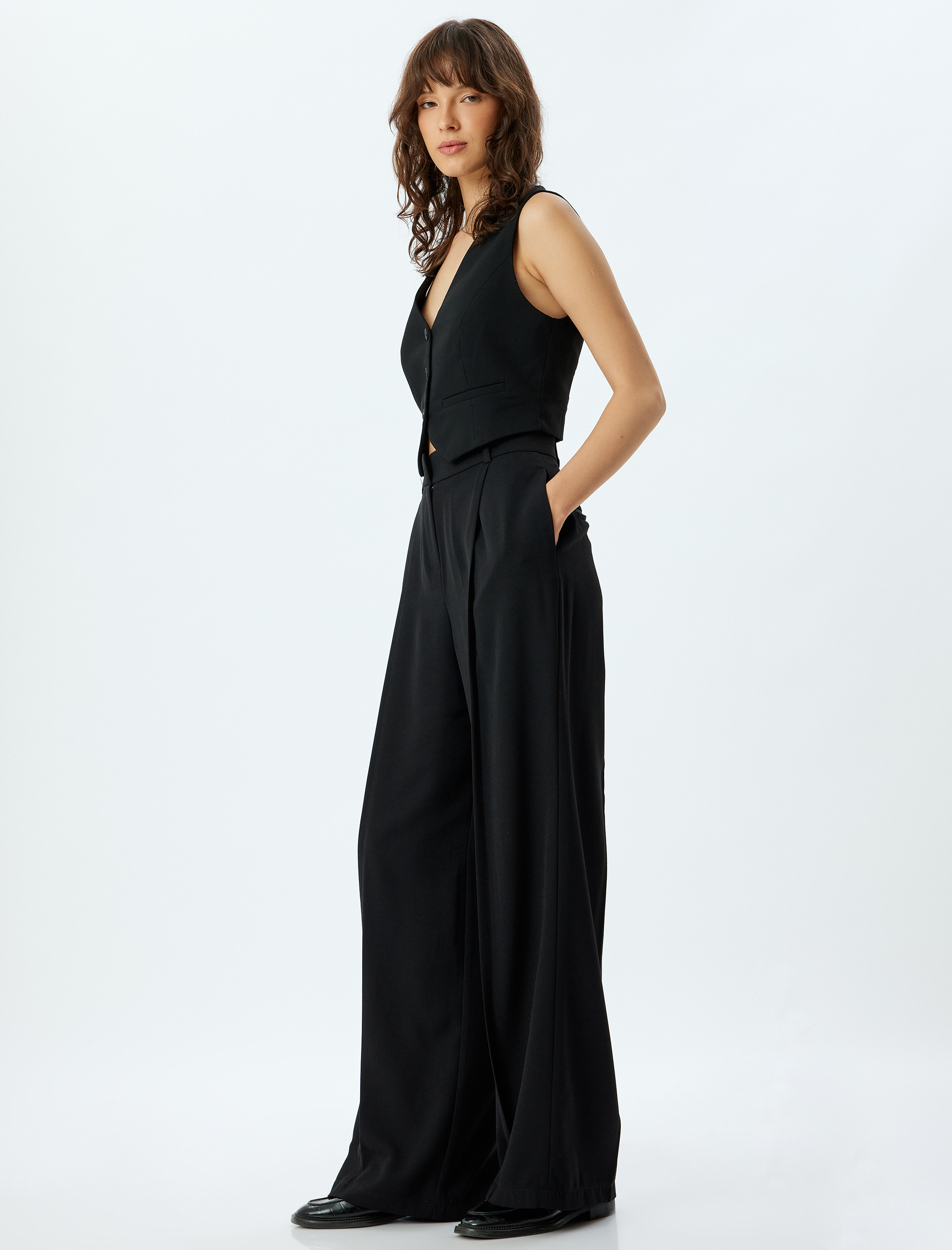   Yüksek Bel Cepli Pile Detaylı Krep Kumaş Palazzo Pantolon