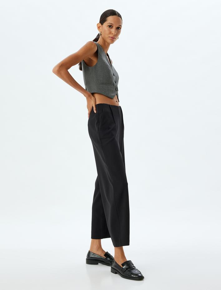  Kısa Geniş Paça Kumaş Pantolon Yüksek Bel Cepli