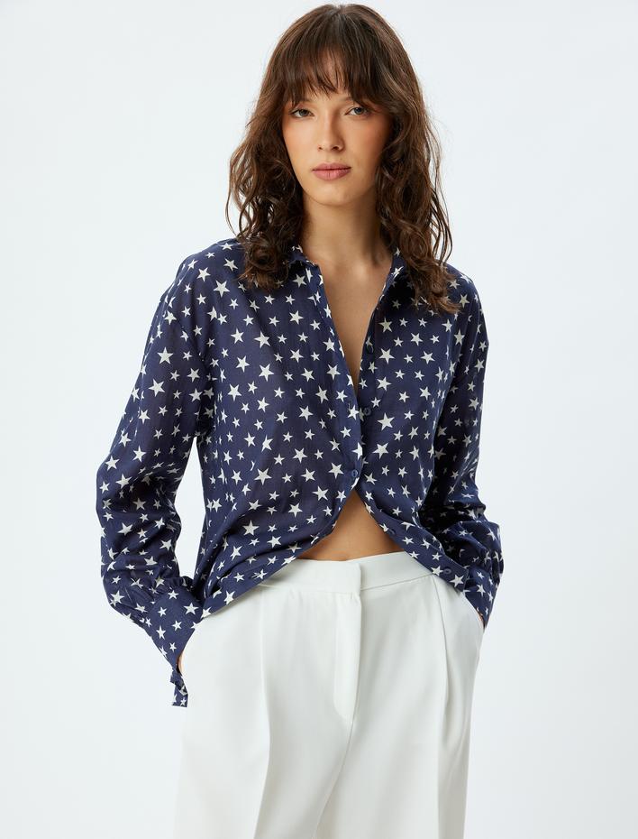  Oversize Gömlek Yıldız Baskılı Uzun Kollu Pamuklu