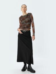 Tül Bluz Leopar Desenli Uzun Kollu Drapeli Slim Fit