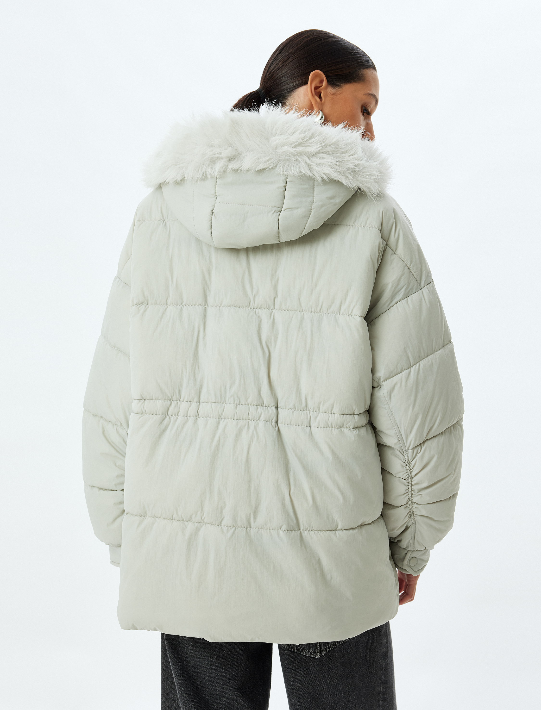   Oversize Kaban Kapüşonlu Yakası Suni Kürklü Su İtici Cepli Fermuarlı