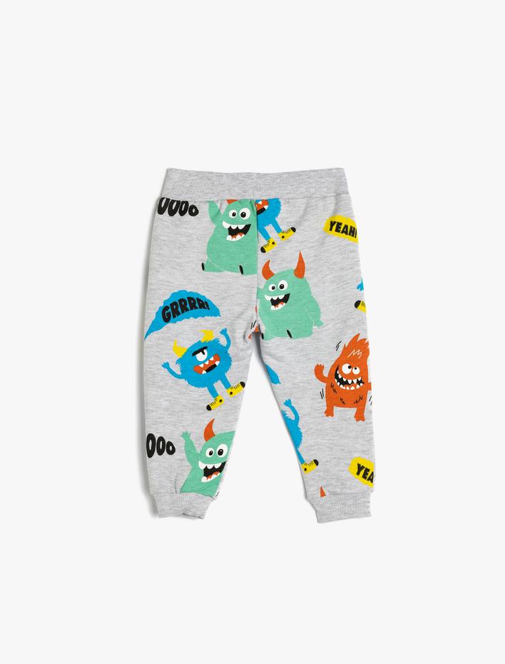 Erkek Bebek Pamuklu Canavar Baskılı Beli Bağcıklı Şardonlu Jogger Eşofman Altı