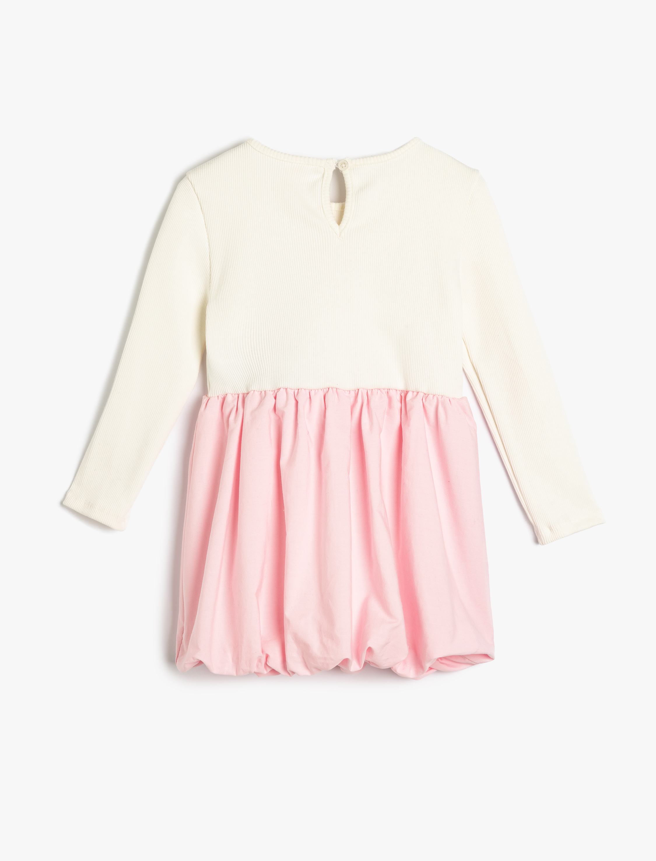  Kız Bebek Balon Elbise Uzun Kollu Yuvarlak Yaka İşleme Detaylı Pamuklu