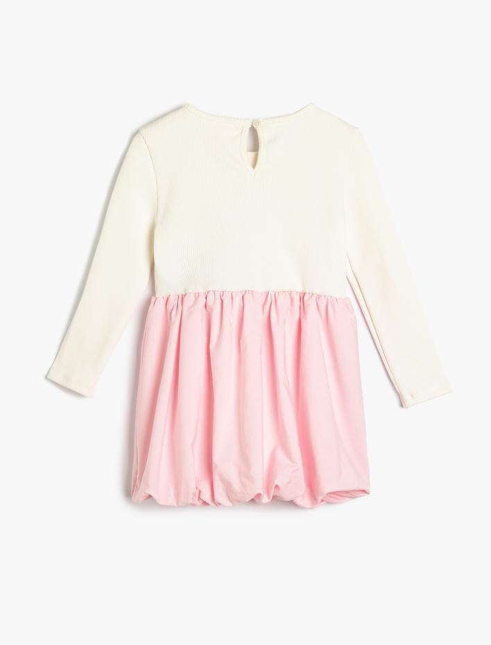 Kız Bebek Balon Elbise Uzun Kollu Yuvarlak Yaka İşleme Detaylı Pamuklu