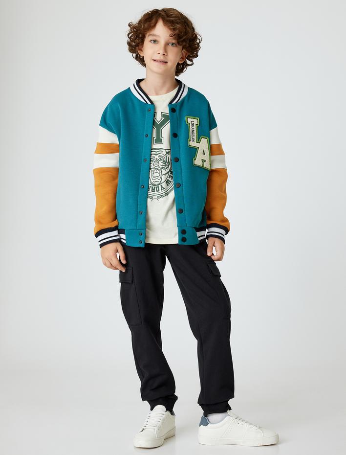 Erkek Çocuk Kolej Bomber Ceket Şardonlu Aplike Detaylı Renk Kontrastlı