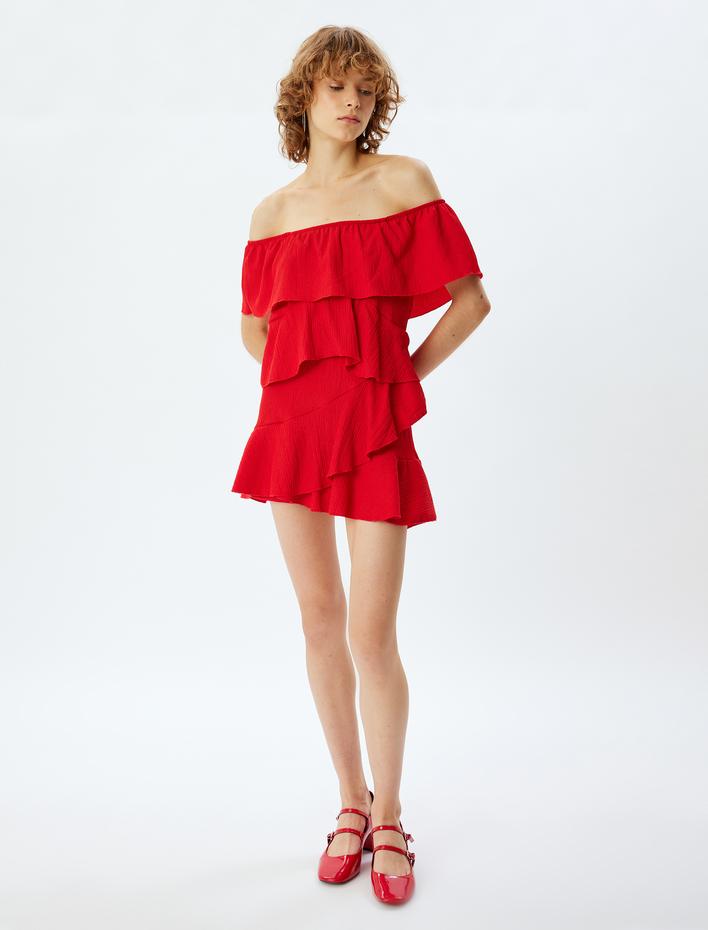  Fırfırlı Elbise Mini Kayık Yaka Omzu Açık Rahat Kalıp Bürümcük