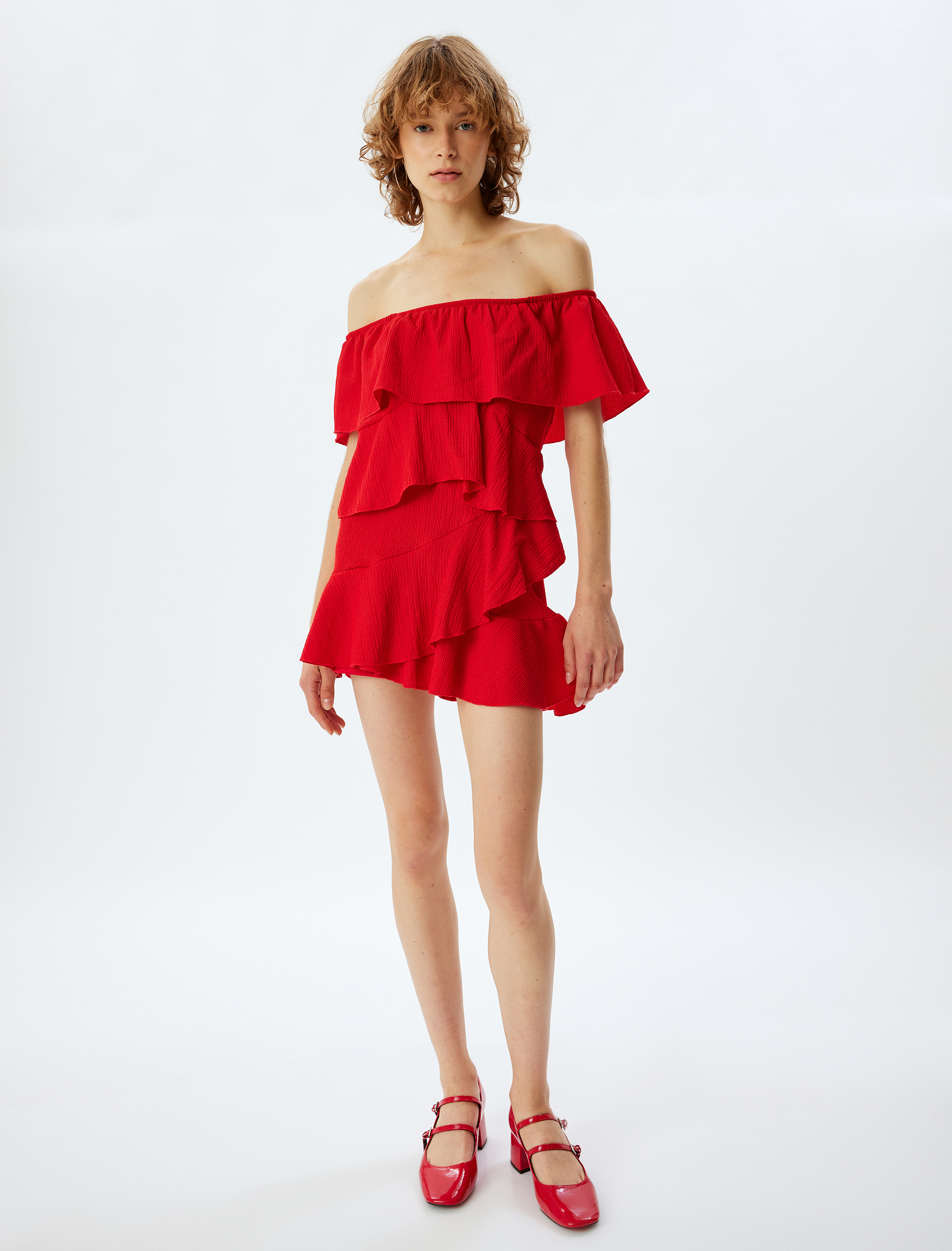   Fırfırlı Elbise Mini Kayık Yaka Omzu Açık Rahat Kalıp Bürümcük