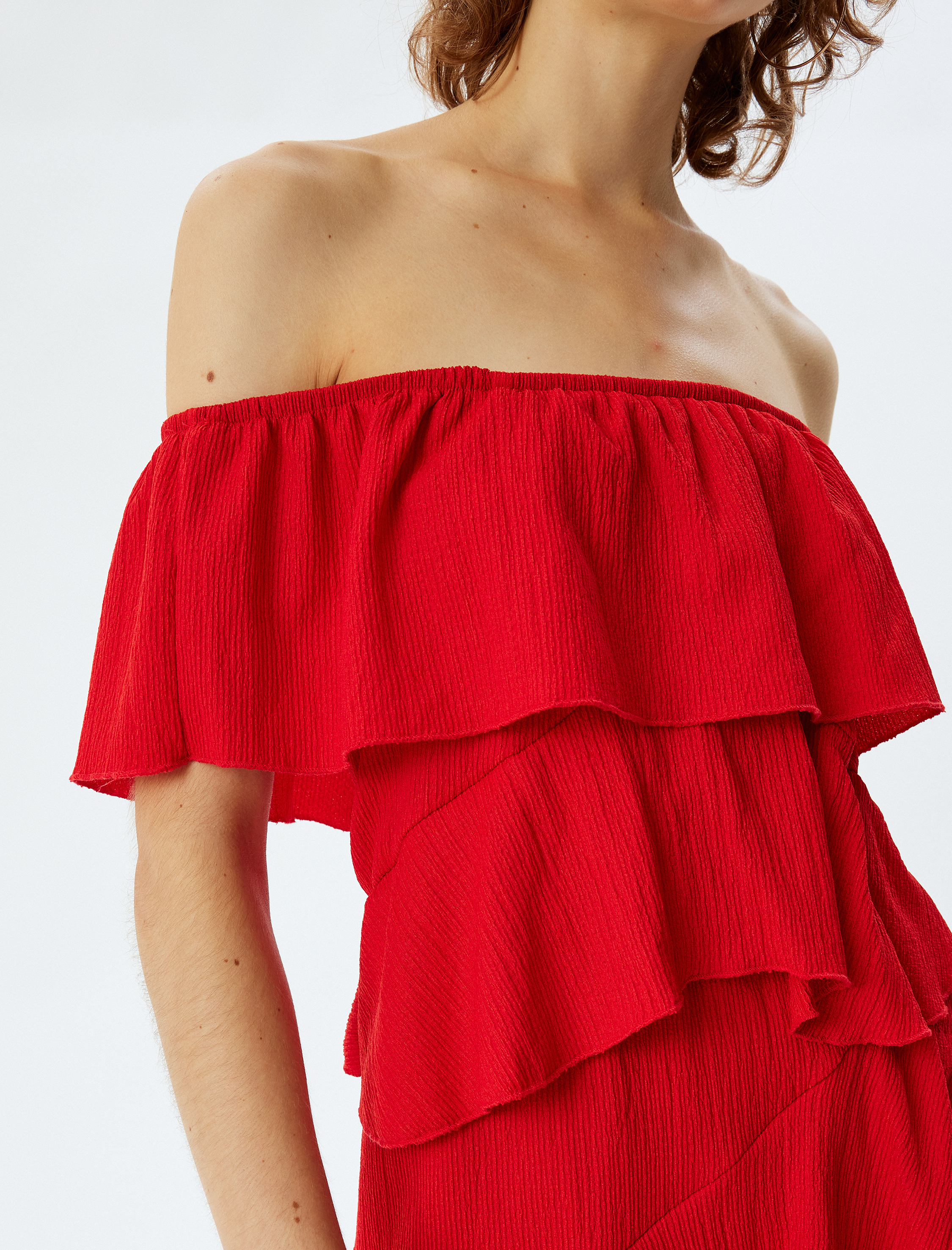   Fırfırlı Elbise Mini Kayık Yaka Omzu Açık Rahat Kalıp Bürümcük