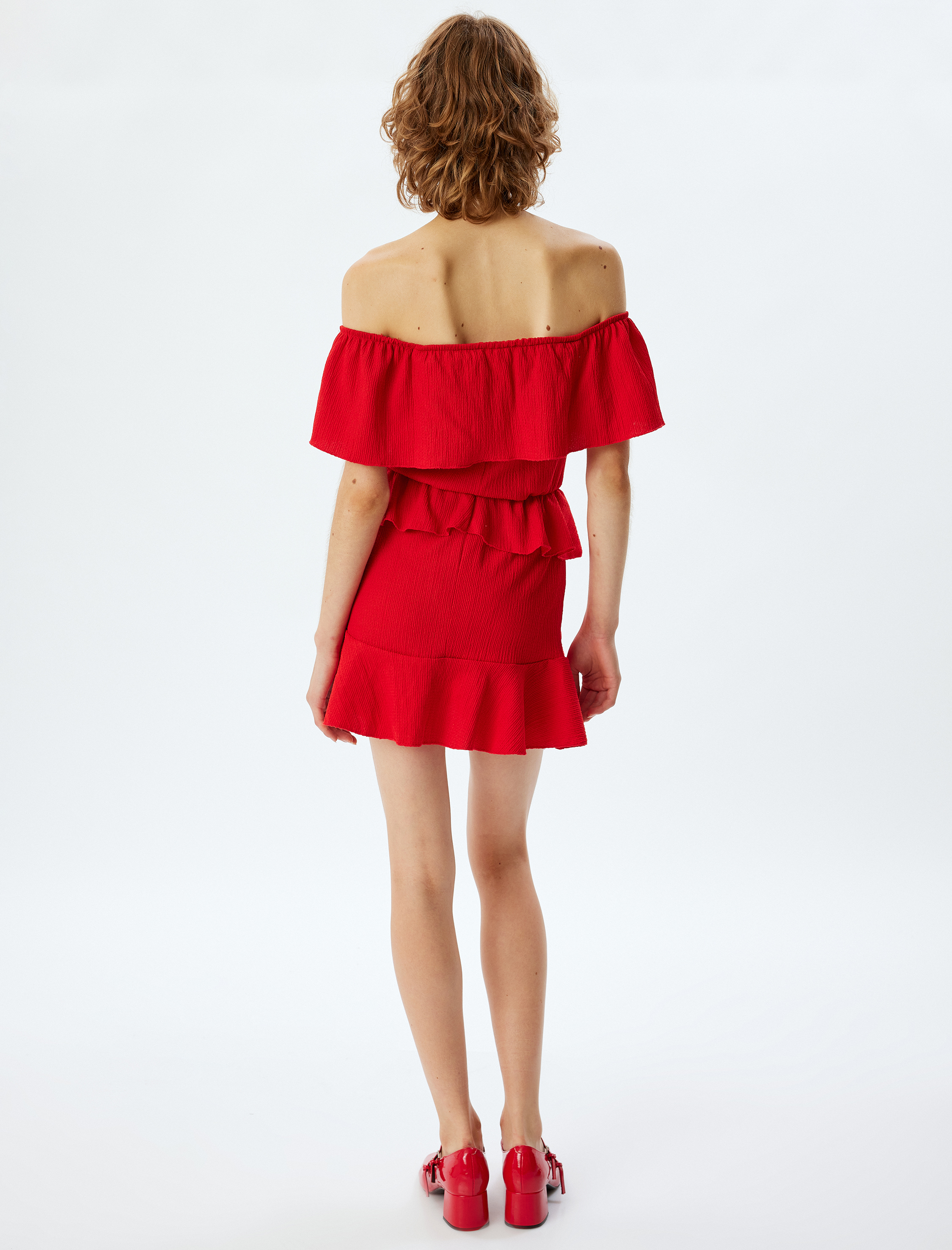   Fırfırlı Elbise Mini Kayık Yaka Omzu Açık Rahat Kalıp Bürümcük