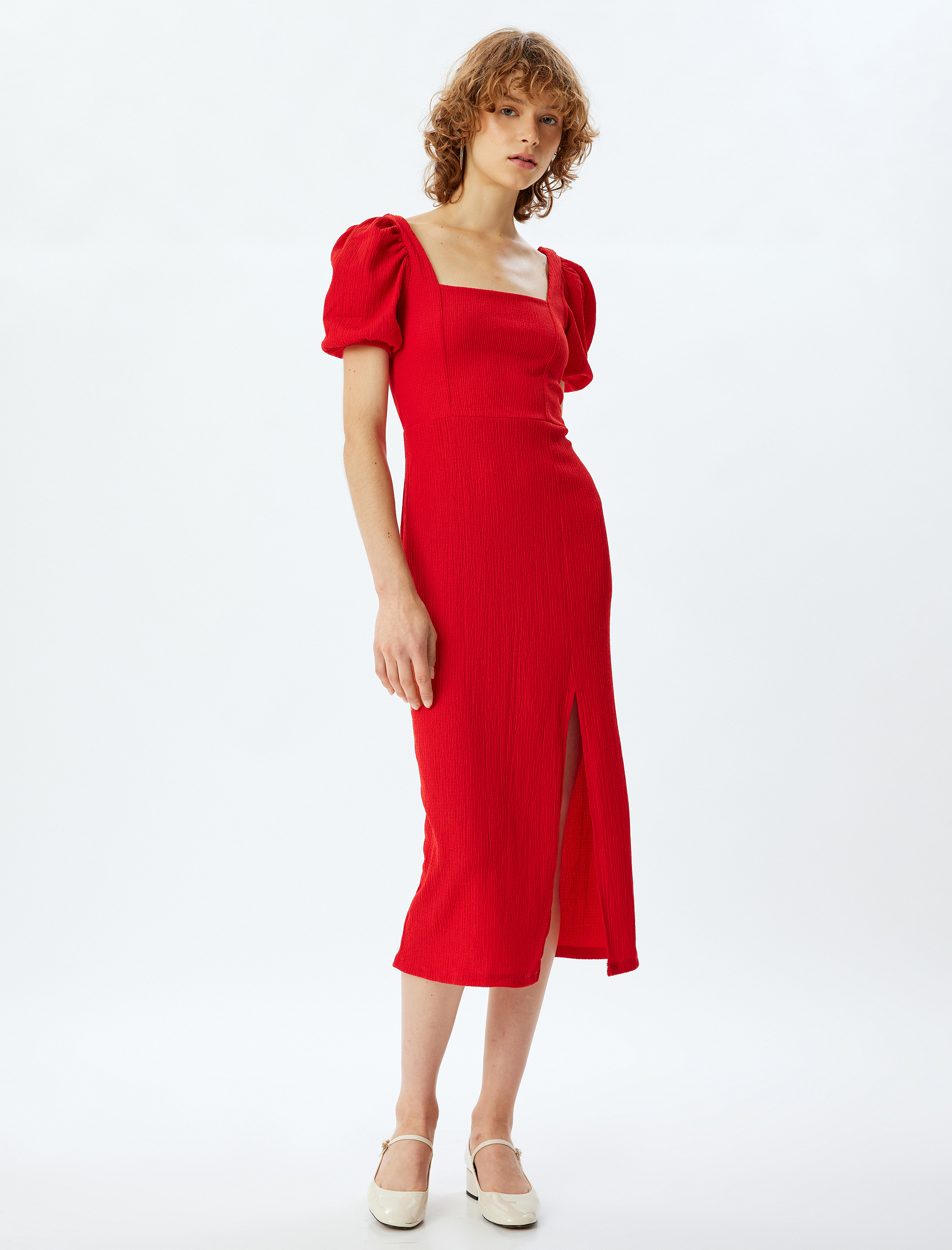 Balon Kol Elbise Bodycon Midi Boy Kare Yaka Sırtı Bağcıklı Yırtmaç Detaylı Bürümcük