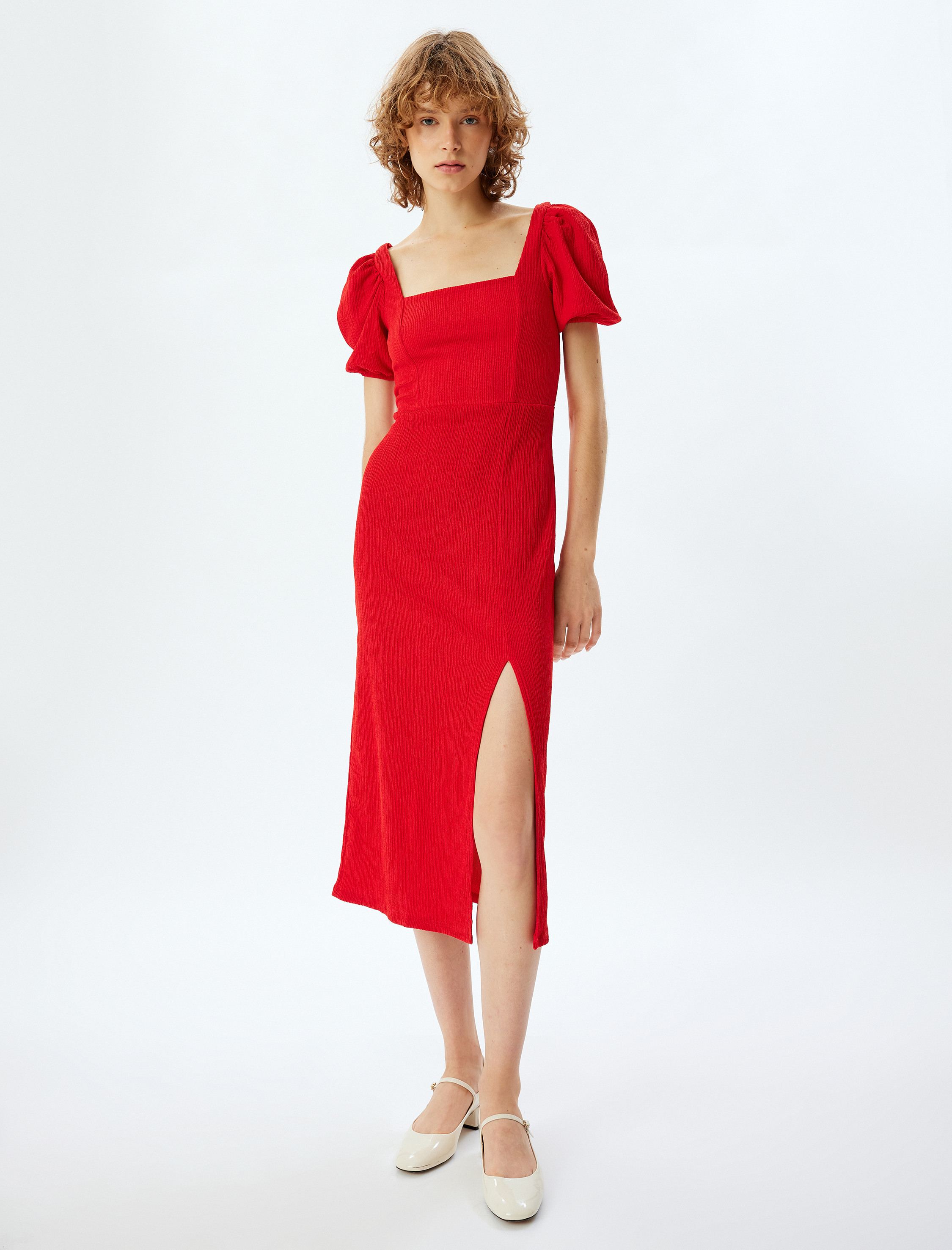 Balon Kol Elbise Bodycon Midi Boy Kare Yaka Sırtı Bağcıklı Yırtmaç Detaylı Bürümcük